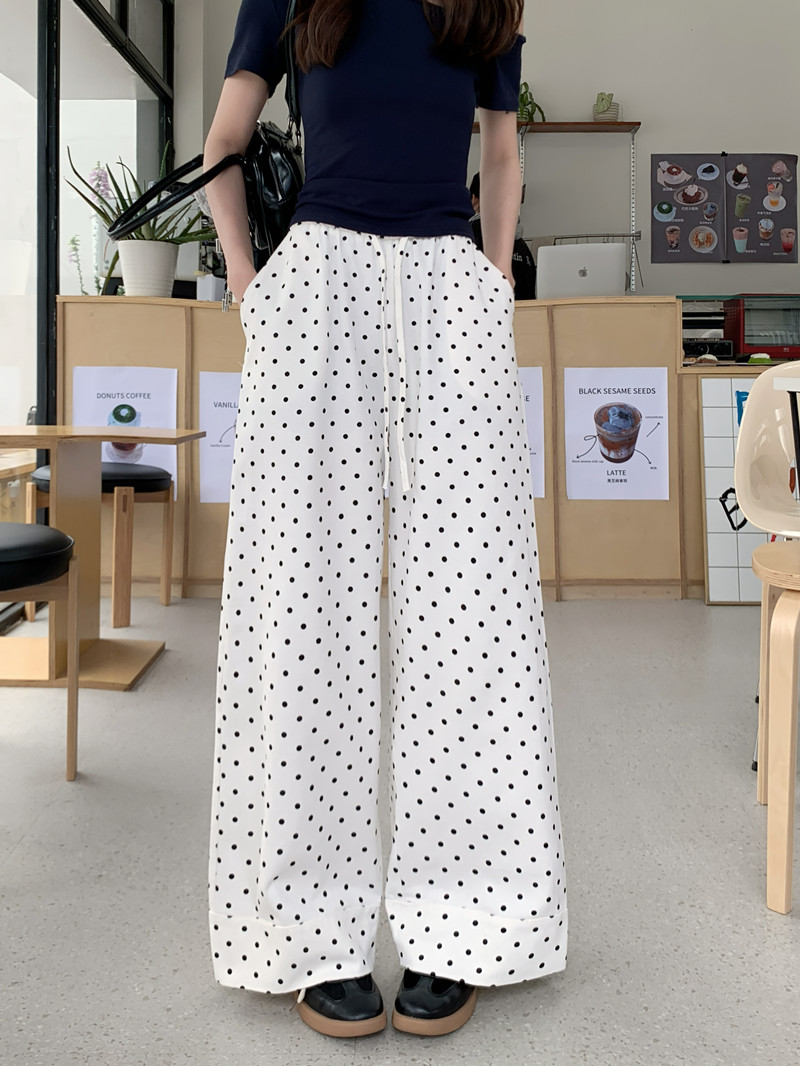 Real shot Korean version of retro loose polka dot wide-leg pants spring and summer versatile slim straight-leg casual pants