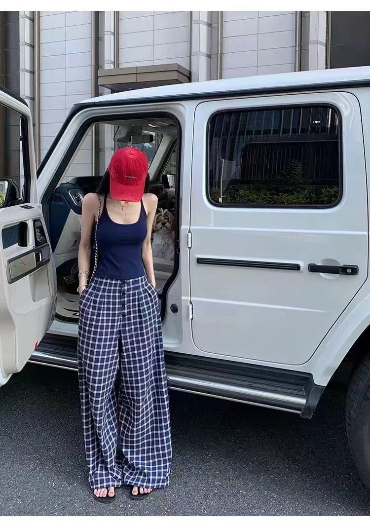 New Korean style fashionable casual cardigan + backless vest + elastic waist plaid wide-leg pants three-piece set