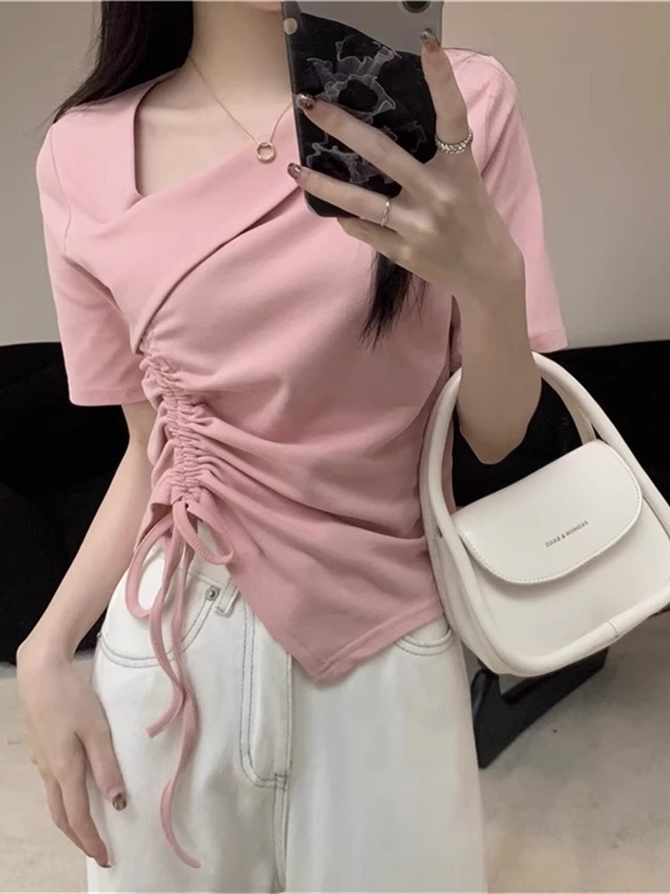 Irregular drawstring short-sleeved T-shirt for women 2025 summer new design American hottie V-neck front shoulder short top