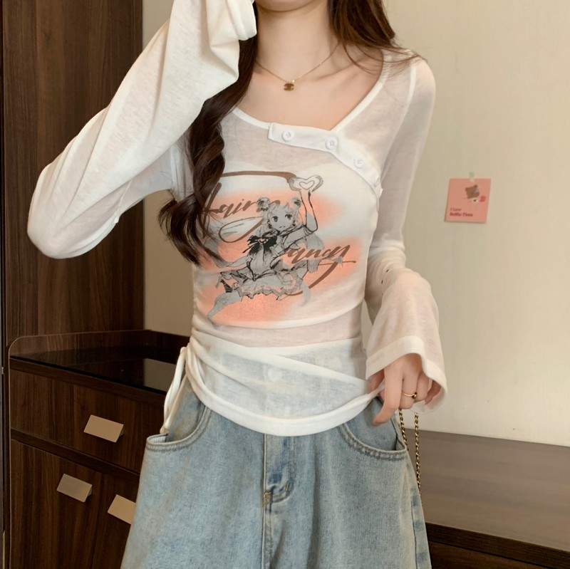 Pure desire style printed flared sleeves for women drawstring sunscreen air conditioning shirt top