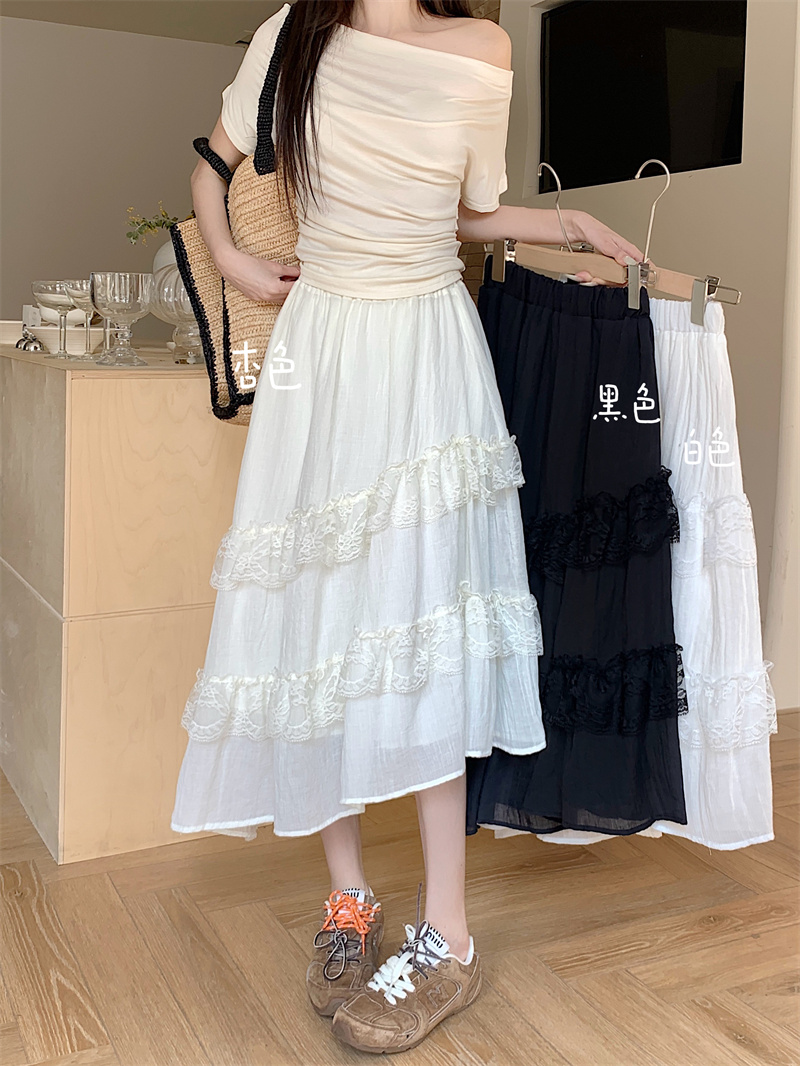Real shot design sense French apricot spliced ​​lace cake skirt summer age-reducing irregular midi skirt