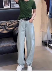 Light-colored jeans for women 2025 spring new pear-shaped fat mm loose and slim wide-leg fashionable and versatile sickle pants