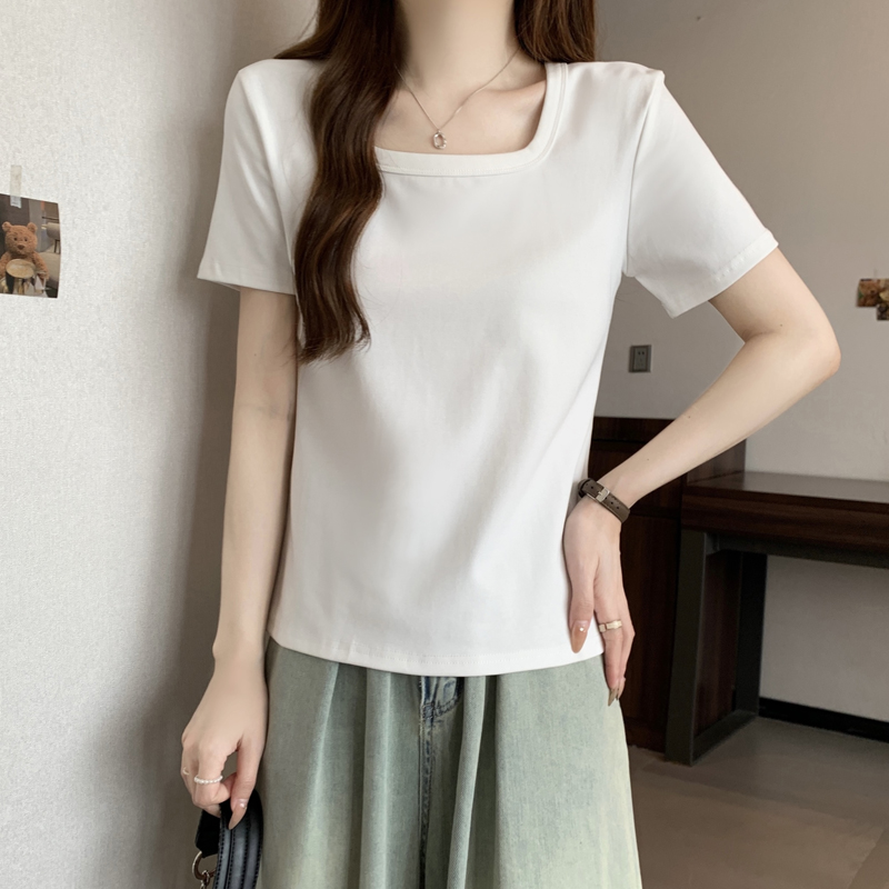 Real-life square collar T-shirt for women's short-sleeved new slim fit and slim inner wear pure cotton shoulder bottoming half-sleeved top
