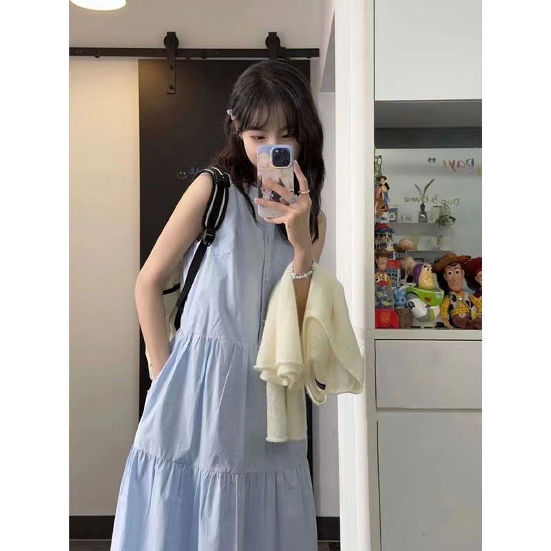 Unknown in summer, the flower name sleeveless French elegant girlish blue cake skirt simple and gentle style dress