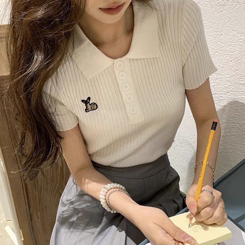 已出貨 新款針織短袖t恤女夏季白色冰絲短款半袖打底小衫上衣