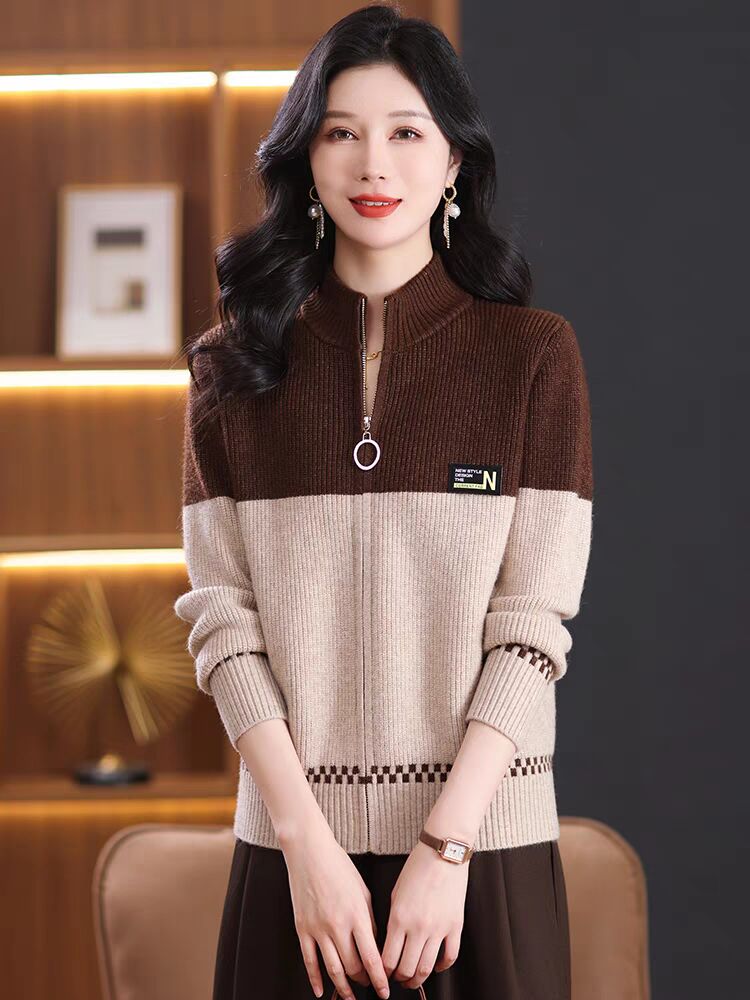 Cardigan women's spring and autumn stand collar zipper loose knitted top mother color-blocking sweater jacket
