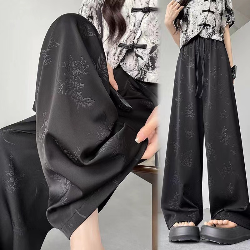 Chinese style satin jacquard Chinese printed cool wide-leg pants for women in summer new high-waist drooping slim casual trousers