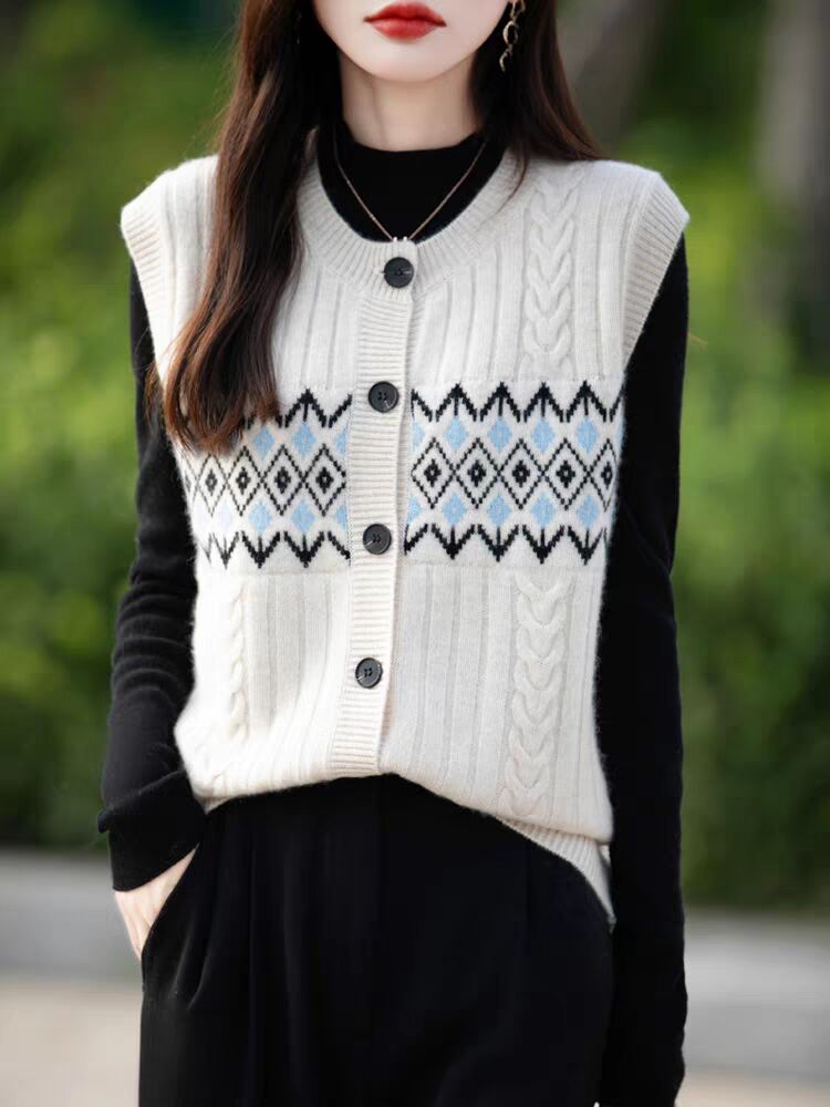 Retro color-blocked knitted vest cardigan spring and autumn loose layered vest jacket