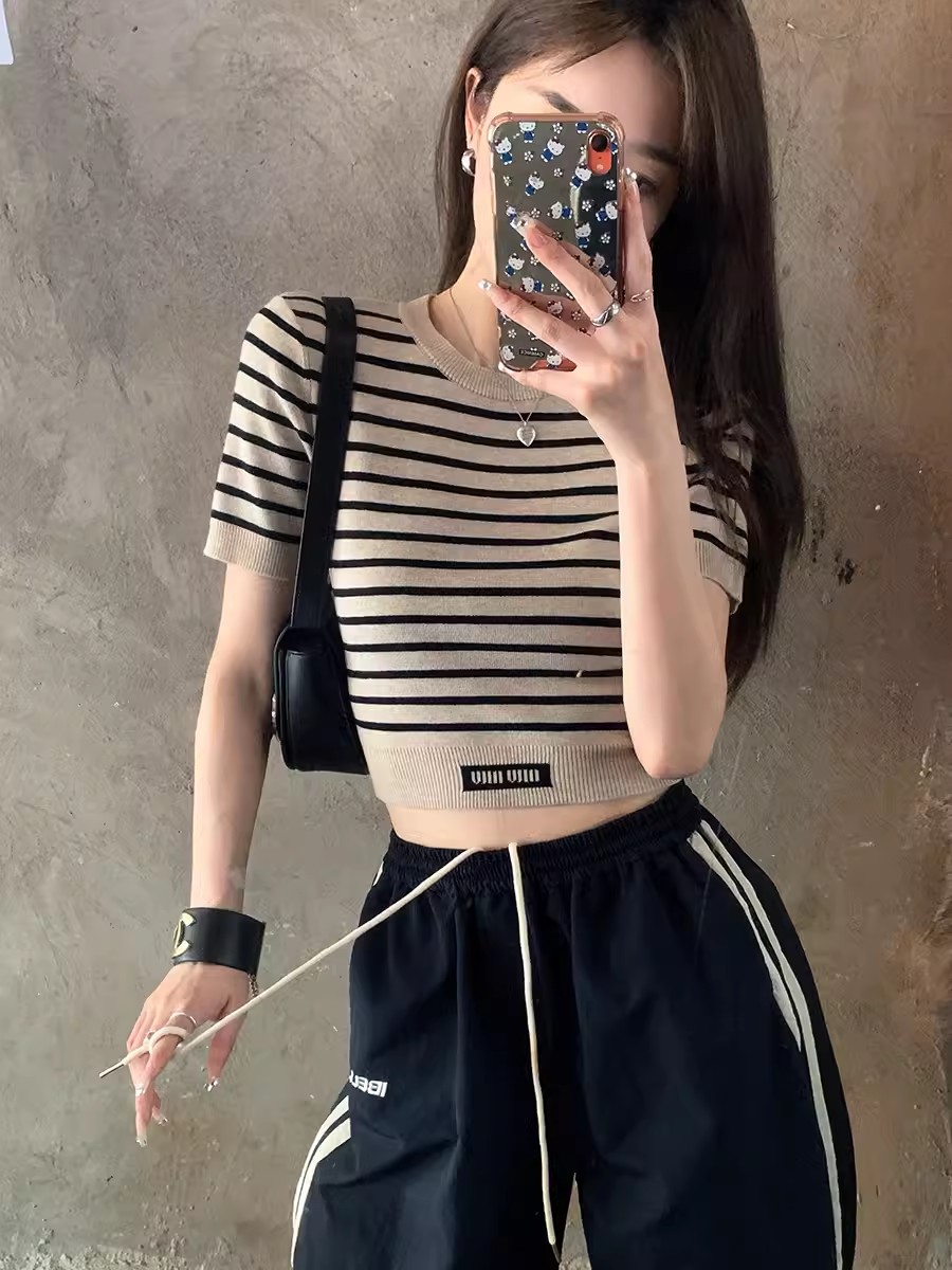已出貨 修身顯瘦圓領條紋短T女夏休閒百搭桑蠶絲羊毛短袖針織