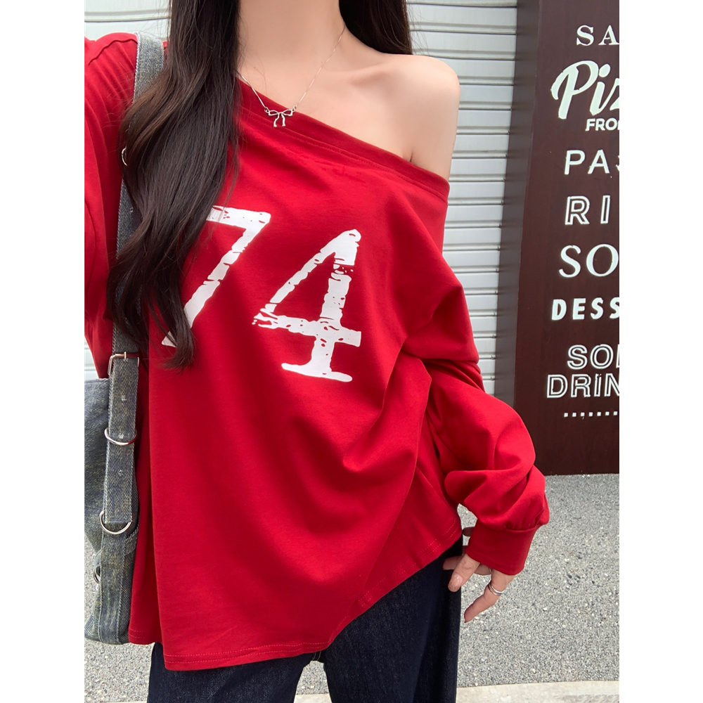 Real shot 21 pure cotton design sense two-wear letter printed off-shoulder red sweatshirt for women