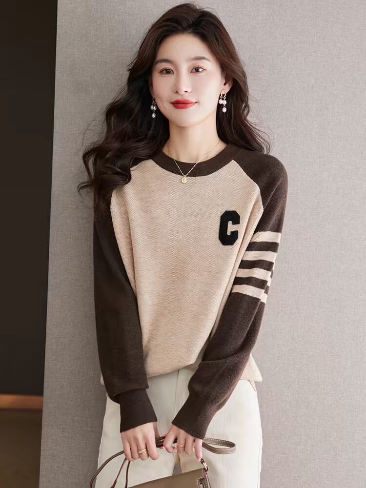 Spring and Autumn New Round Neck Base Sweater Women's Loose Knitted Sweater T-shirt Top Casual Color Block Short Sweater