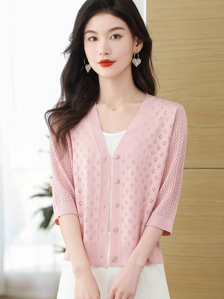 Ice silk sweater women's cardigan jacket loose hollow summer skirt top thin outerwear