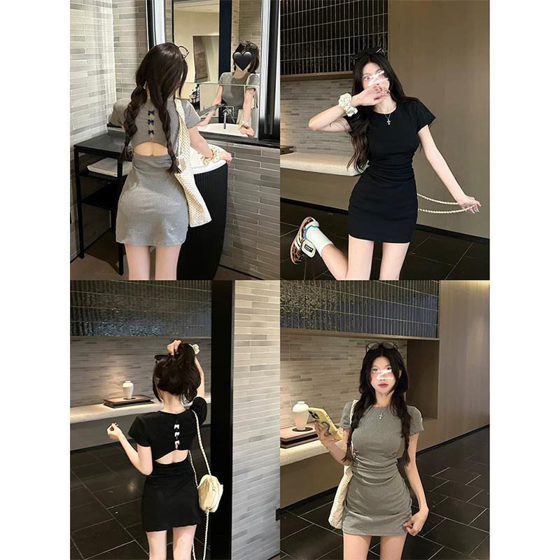-Bow-detached short-sleeved dress for women in summer design, waist-hugging and slimming short skirt for hip-wrapped skirt