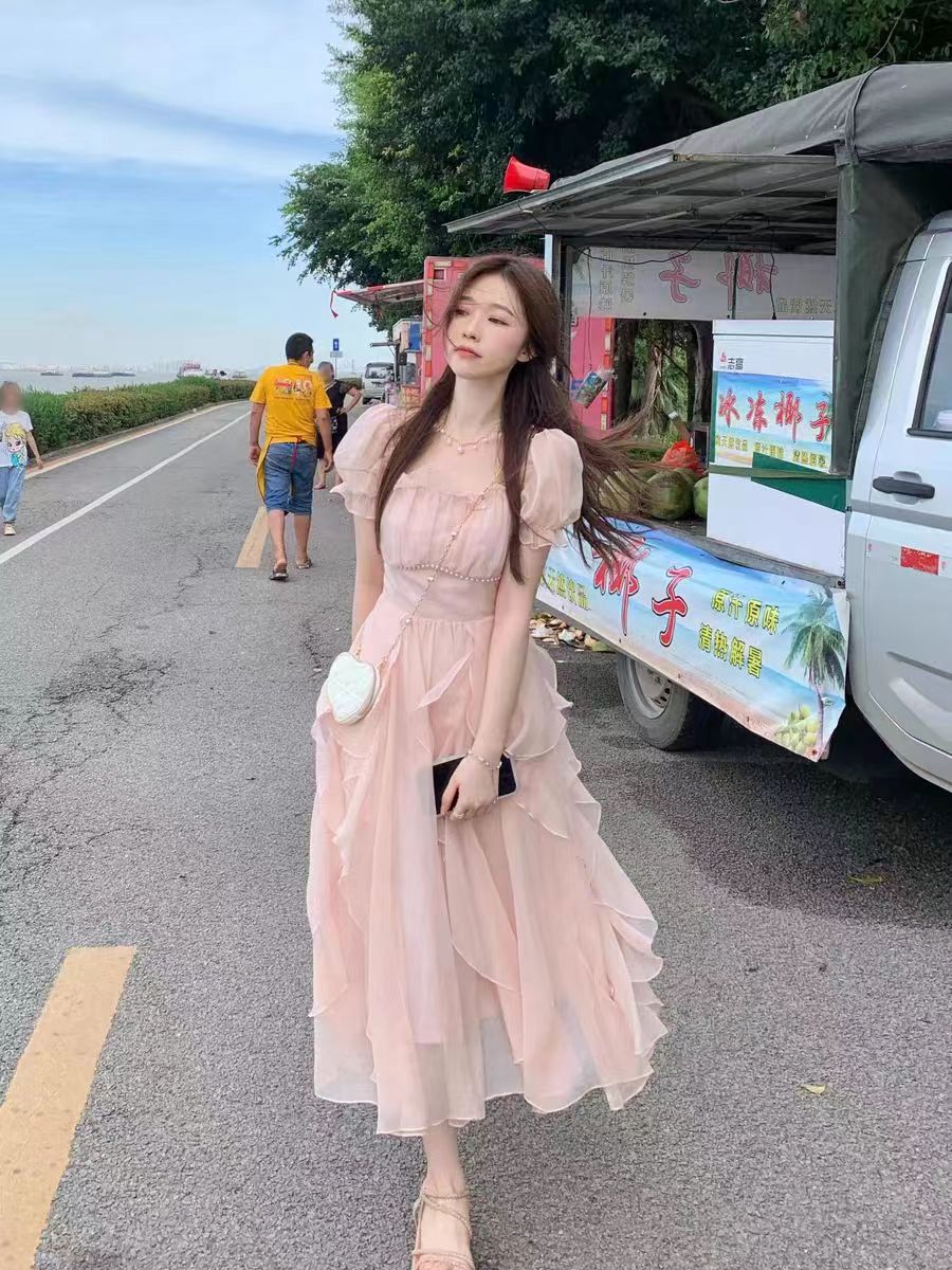 French square collar sweet and gentle fairy style dress for women in summer new women's waist-hugging mid-length skirt