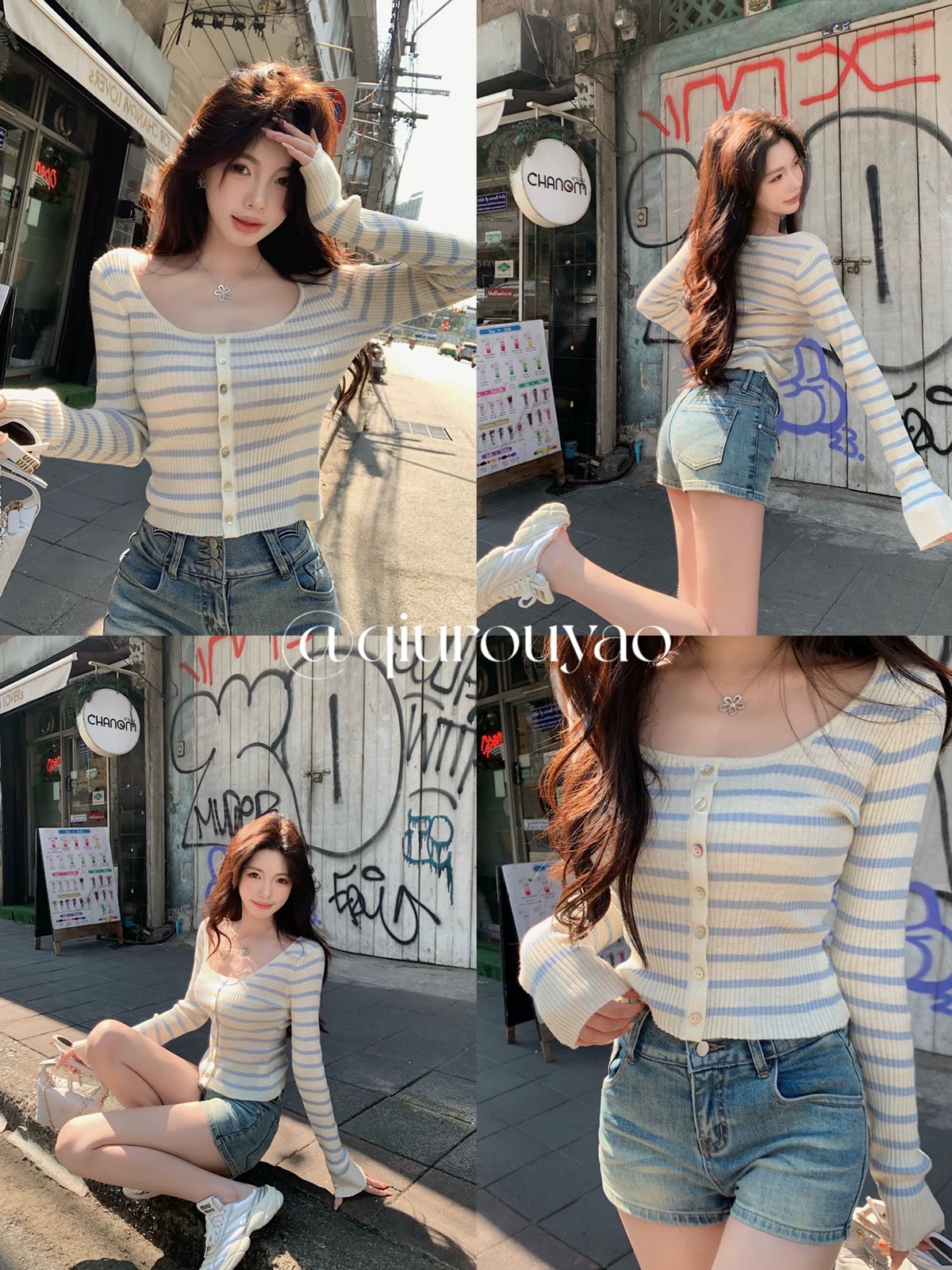 Qiu Rouyao Sweet contrasting striped round neck sweater for women in spring new slim fit versatile long-sleeved top