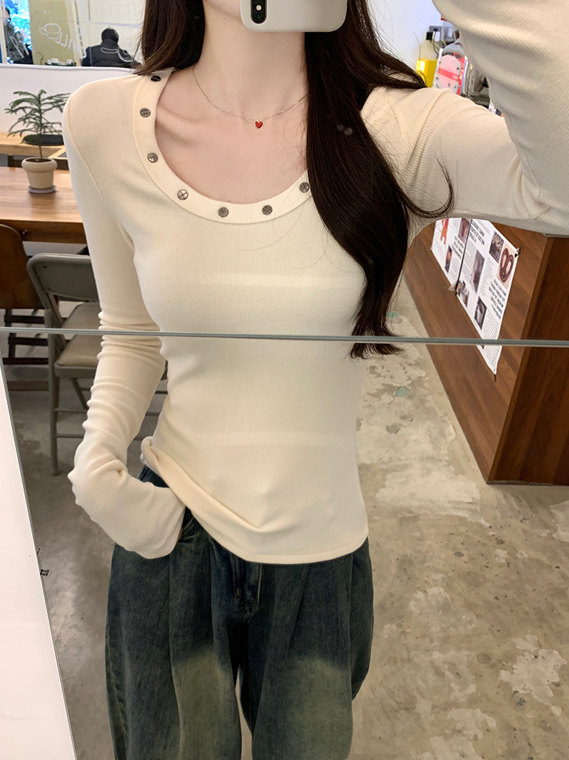 Real photo of cotton 260g long-sleeved T-shirt for women 2025 new rivet design slim base shirt round neck top