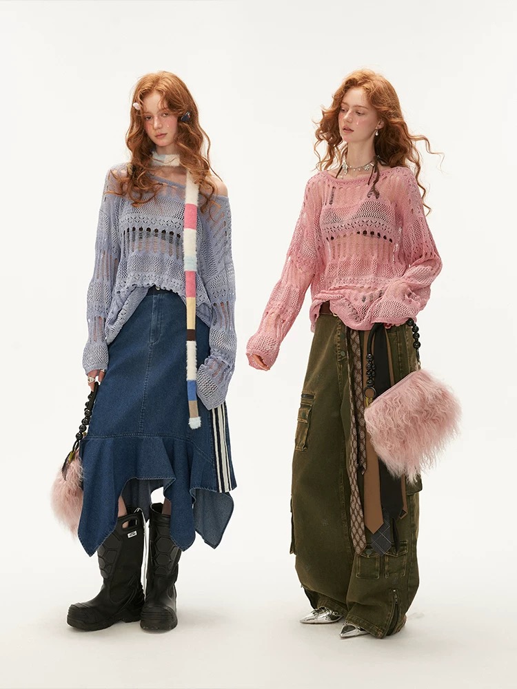 Crochet gradient hollow blouse top for women in autumn new loose sexy hot girl outside knitted sweater