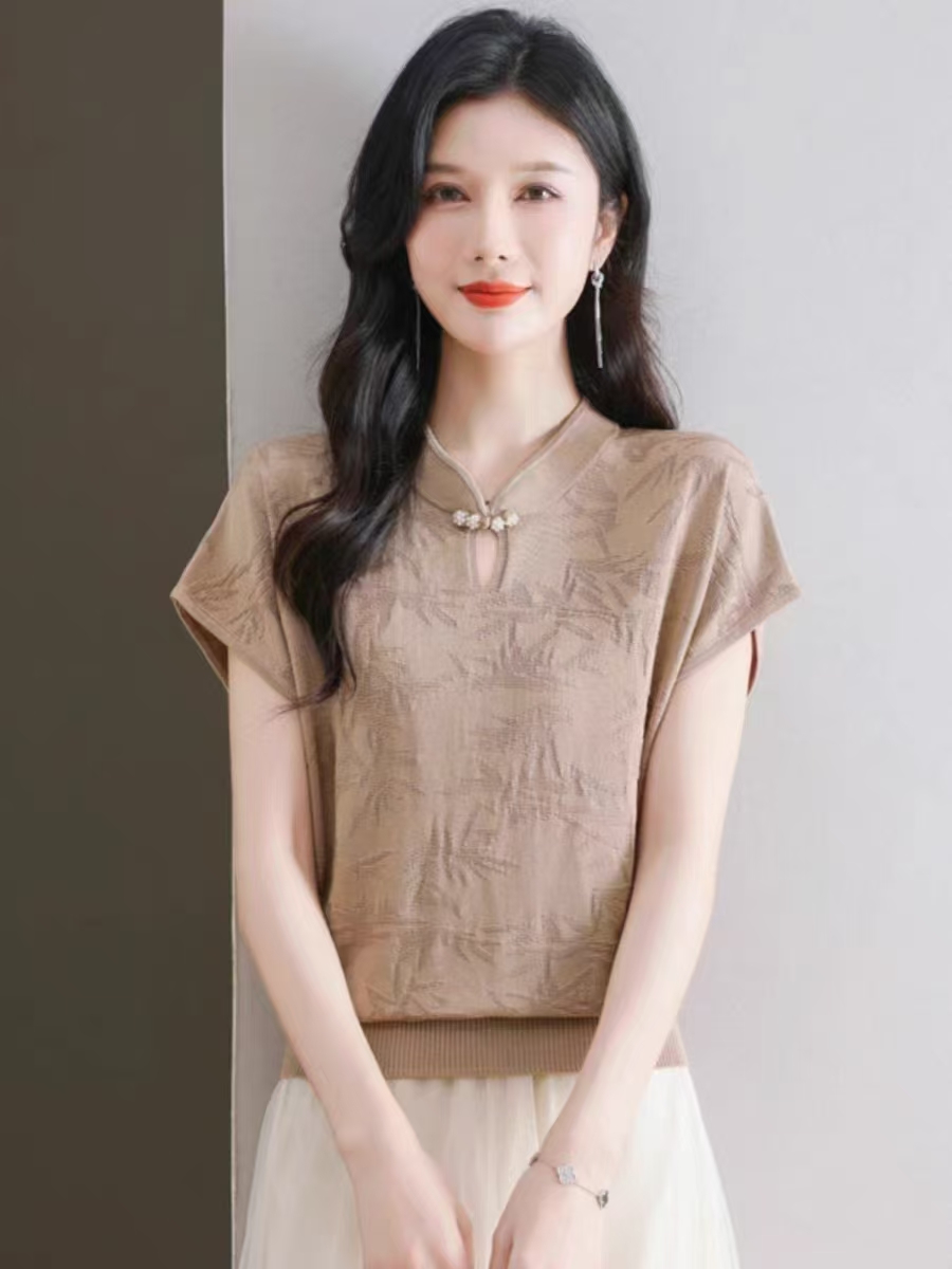 短袖t恤女2025新款夏季國風立領冰絲針織體恤新中式上衣洋氣小衫