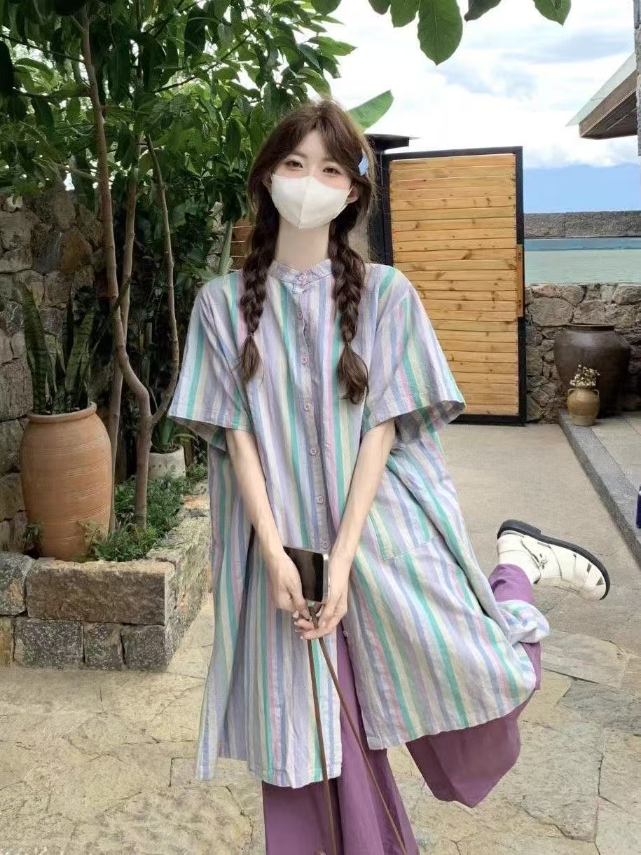 New retro temperament suit mid-length striped shirt for women summer loose casual pants trousers two-piece set