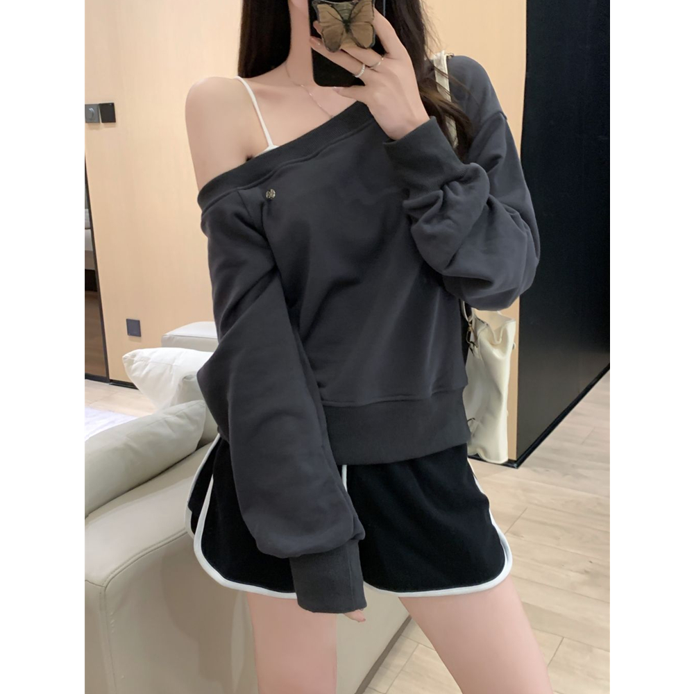 Real photo of Huamian composite spring dress gray oblique collar off-shoulder long-sleeved sweatshirt for women lazy style casual