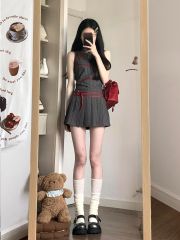 ~American hot girl striped embroidered sleeveless top + high-waisted pleated skirt two-piece set