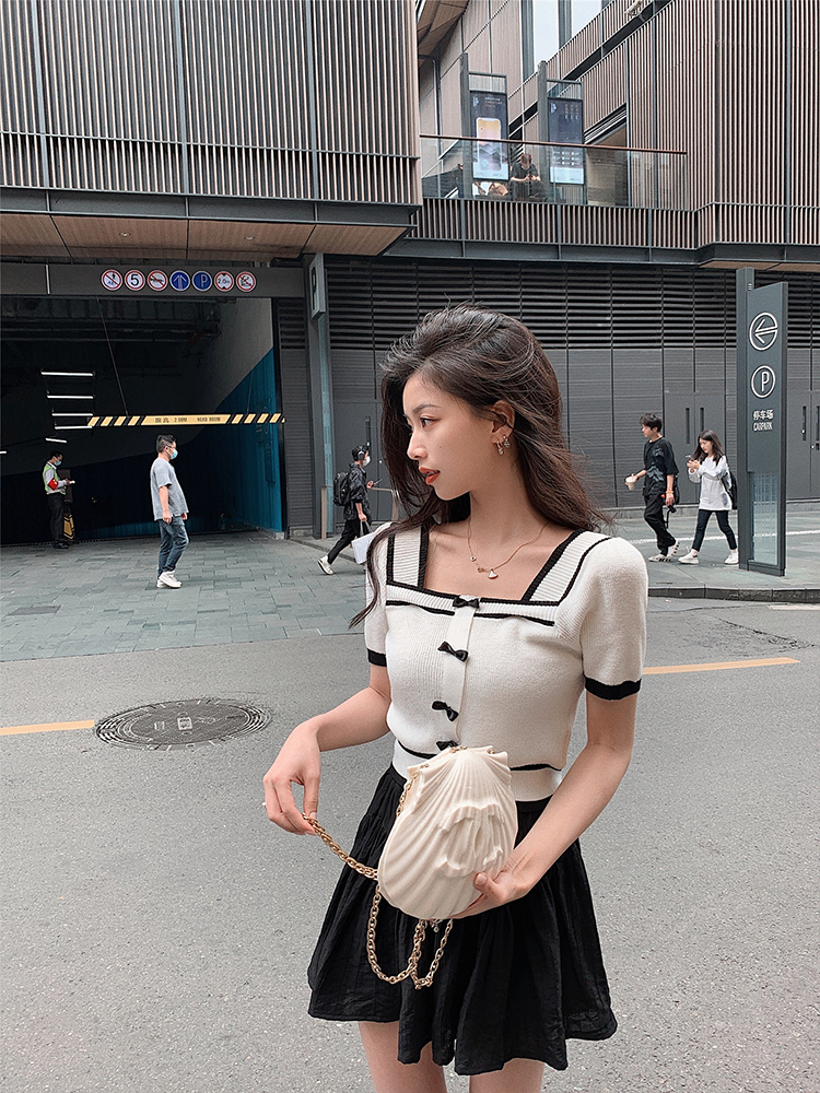 已出貨 方領蝴蝶結針織衫女夏季新款潮韓版甜美修身上衣
