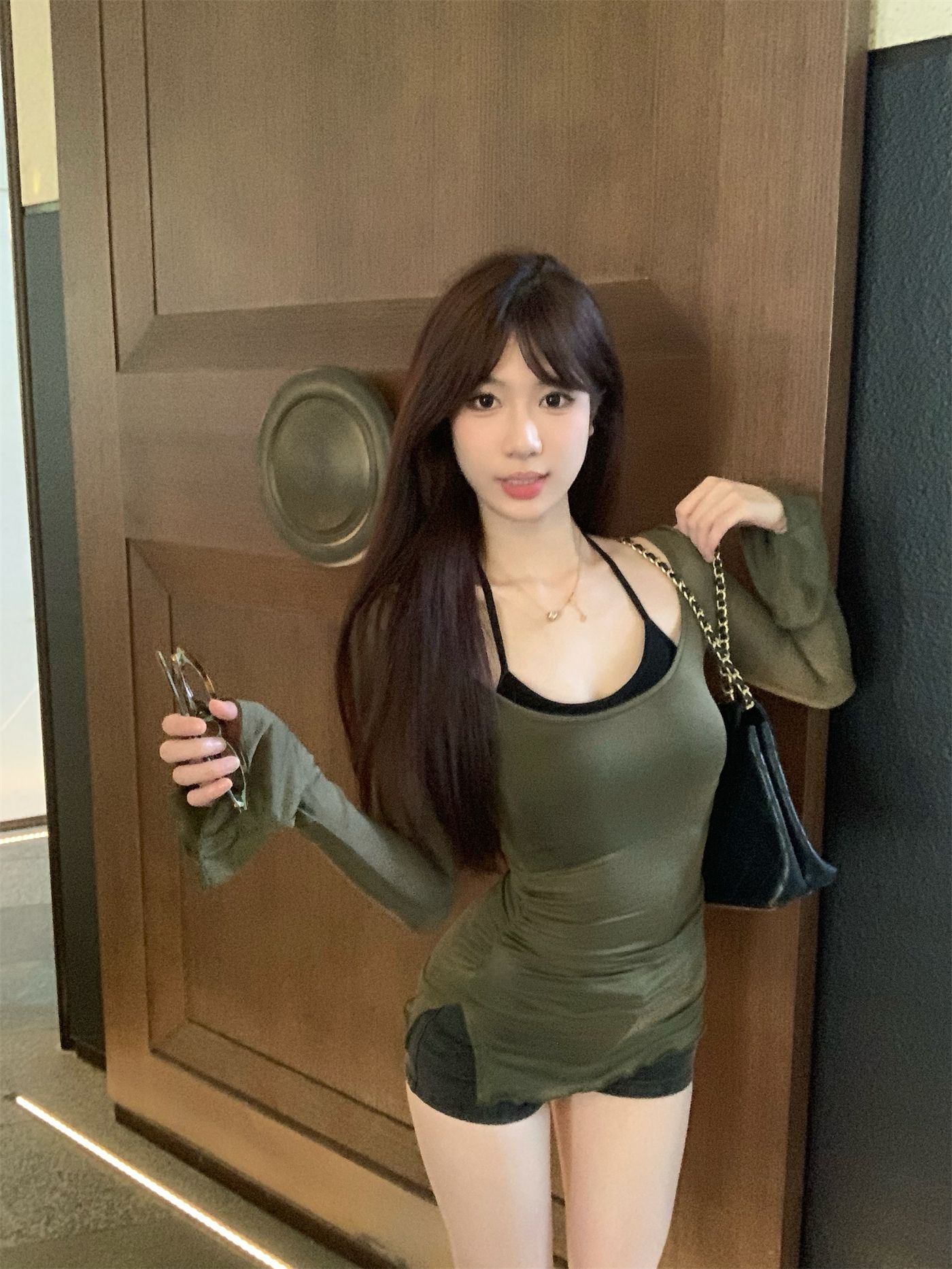 Real shot~ Large U round neck long sleeves sexy slightly transparent sun protection fashionable top