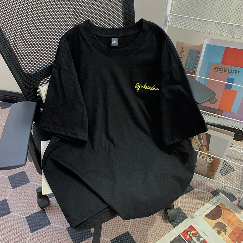Real shot 220g pure cotton short-sleeved T-shirt summer 2025 embroidered front shoulder slim short round neck top Korean women's clothing