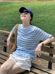 Korean blue striped long-sleeved sunscreen T-shirt for women in summer, small loose outer wear thin air conditioning shirt top