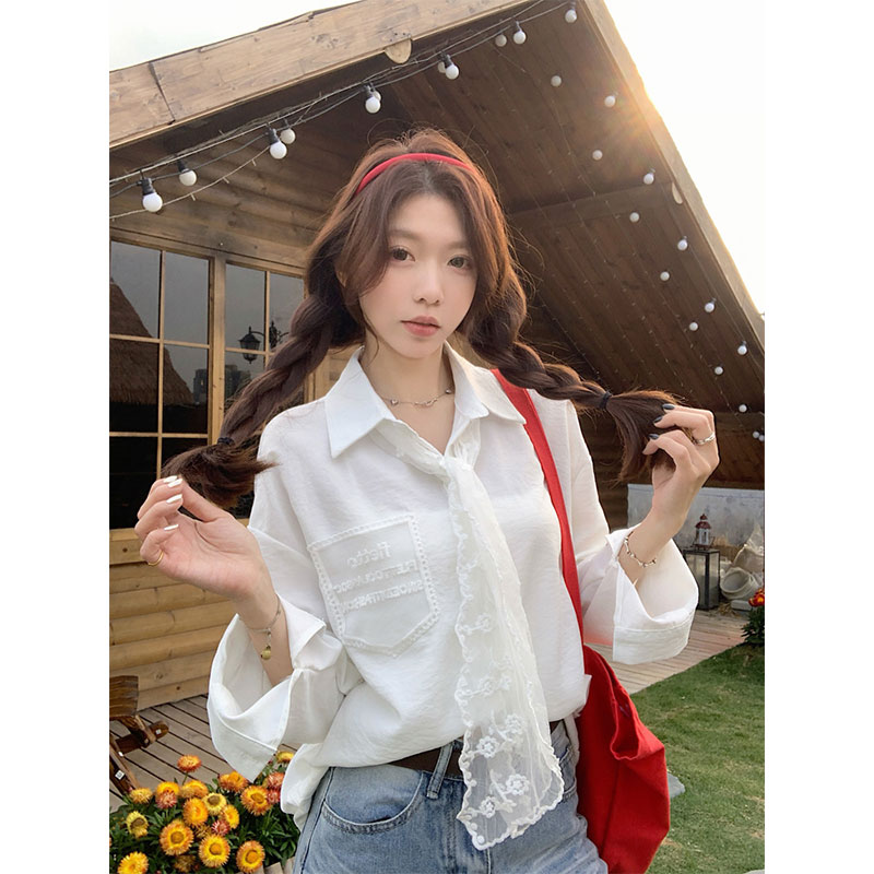 Original custom pocket scarf lace long sleeve white shirt for women in summer design cardigan top
