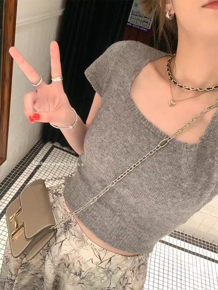 已出貨 方領針織T恤女2025春夏新款小眾氣質百搭修身顯瘦短上衣