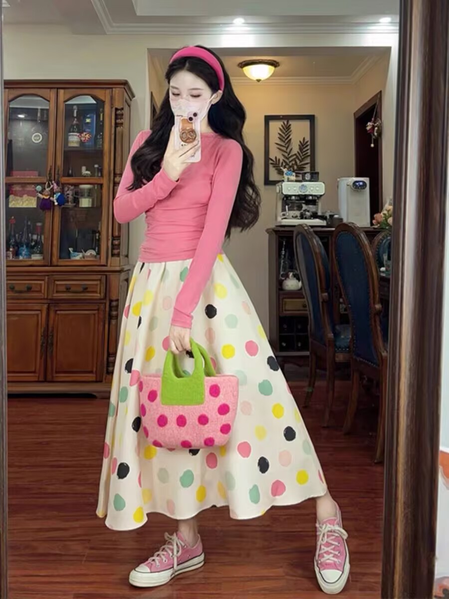Slim long-sleeved base shirt T-shirt Dopamine color polka dot polka skirt women's 2025 autumn new suit