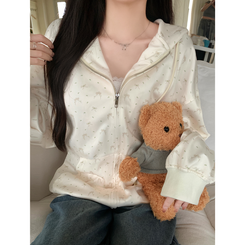 Real photo of Huamian Combination 2025 spring sweatshirt women hooded floral cardigan jacket women loose