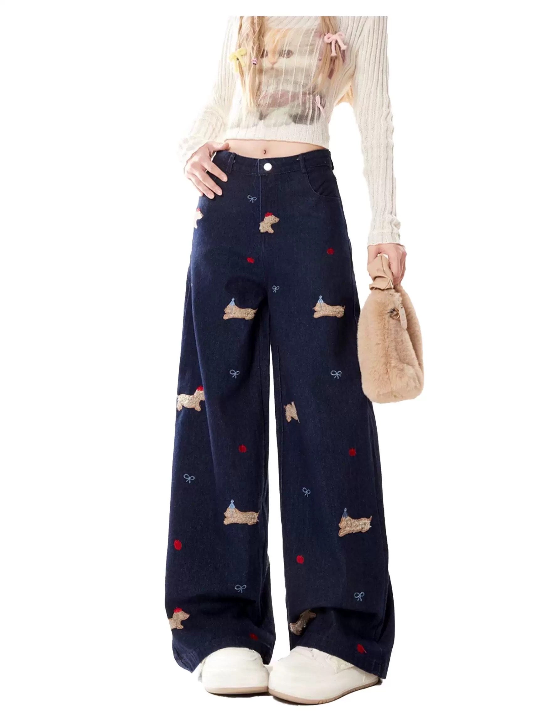 Dark blue puppy embroidered straight jeans for women 2025 spring and autumn American retro high waist loose wide-leg pants