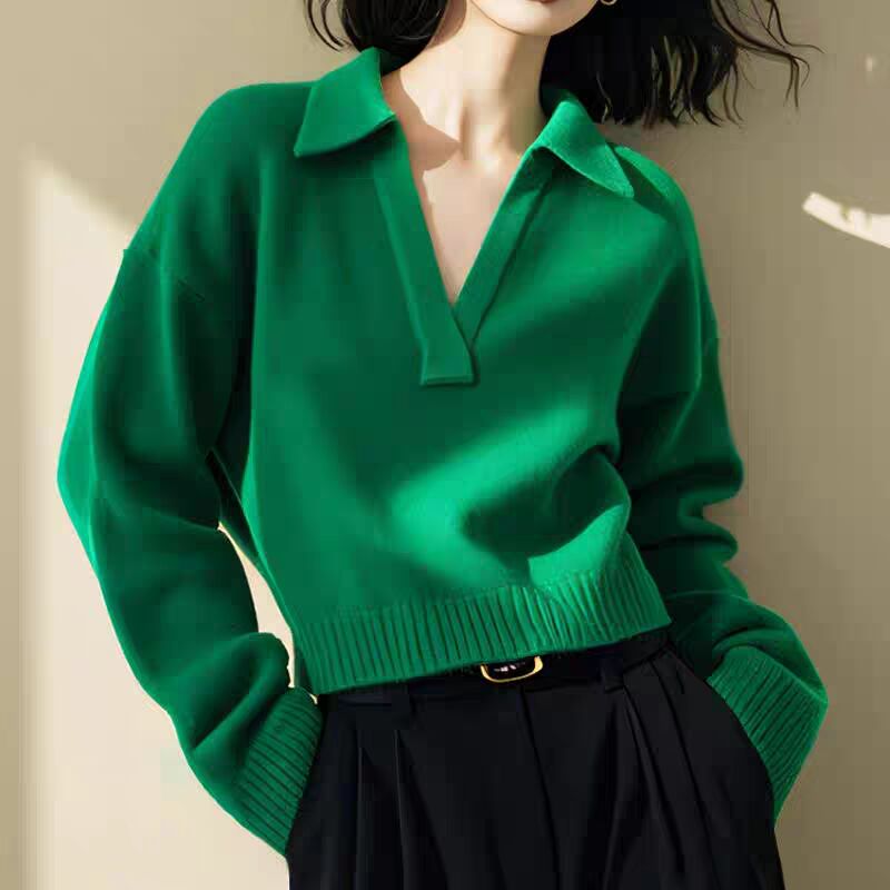 Popular retro versatile green lapel long-sleeved sweater for women casual lazy style design top