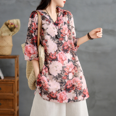 實拍 新款苧麻印花復古休閒襯衫寬鬆V領中長款文藝襯衫裙