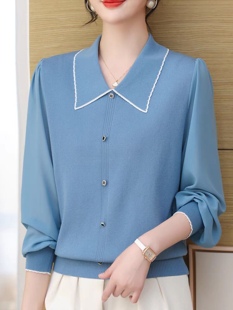 Chiffon sleeve splicing knitted shirt lapel spring and autumn new fashionable T-shirt top