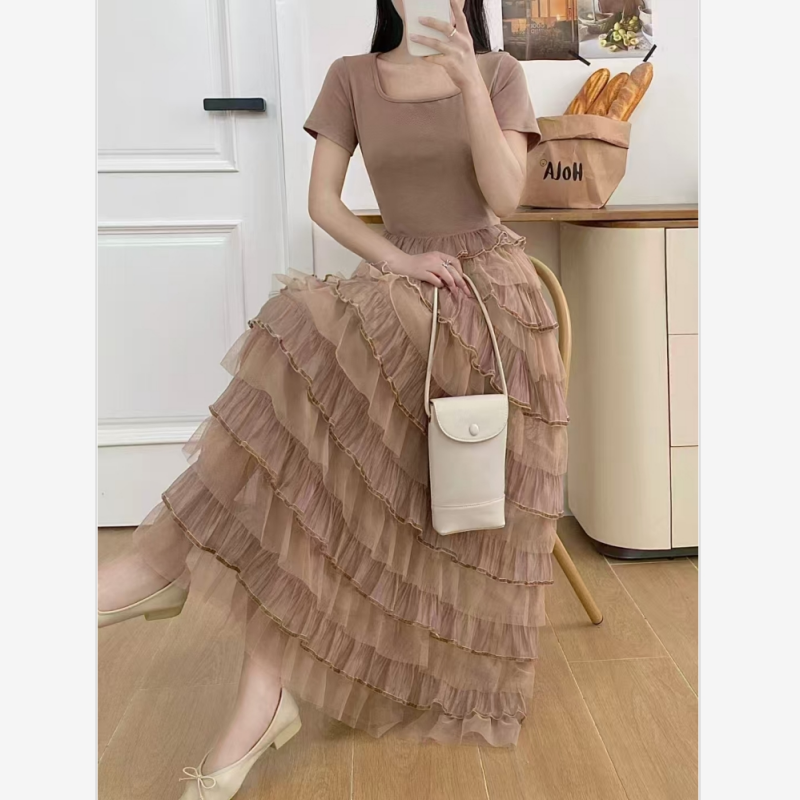 韓國荷葉邊紗裙半身裙女夏季蓬蓬網紗蛋糕裙仙女裙子粉色a字長裙