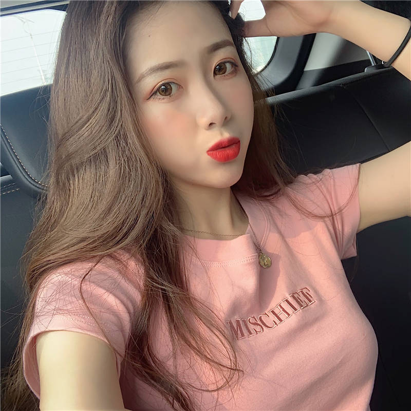 Pure cotton embroidered letters for women's short-sleeved T-shirt