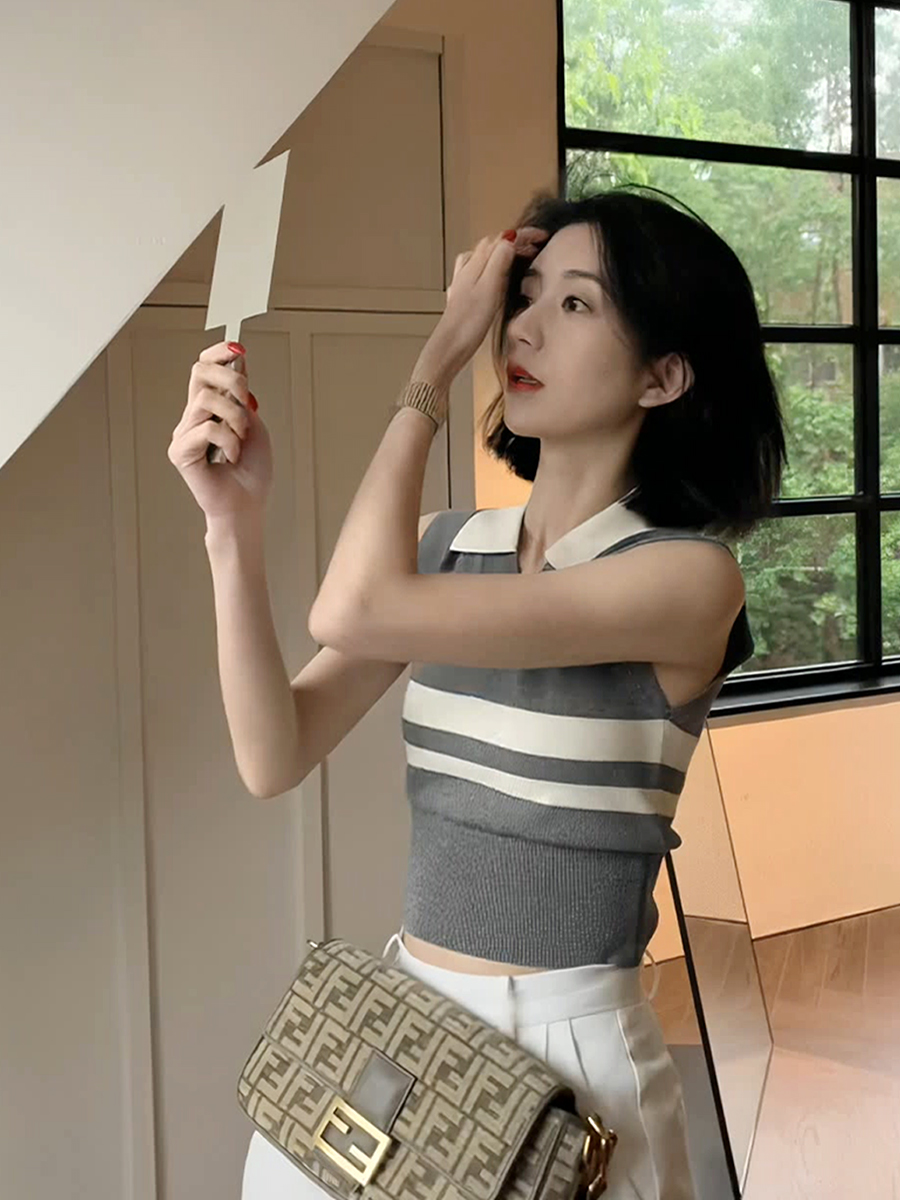 Gray Polo collar striped knitted vest suspender women's summer lapel vest hottie slim short sleeveless top