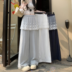 Real shot of spring and summer elastic waist loose straight pants lace spliced ​​butt curtain skirt trousers versatile wide-leg casual pants