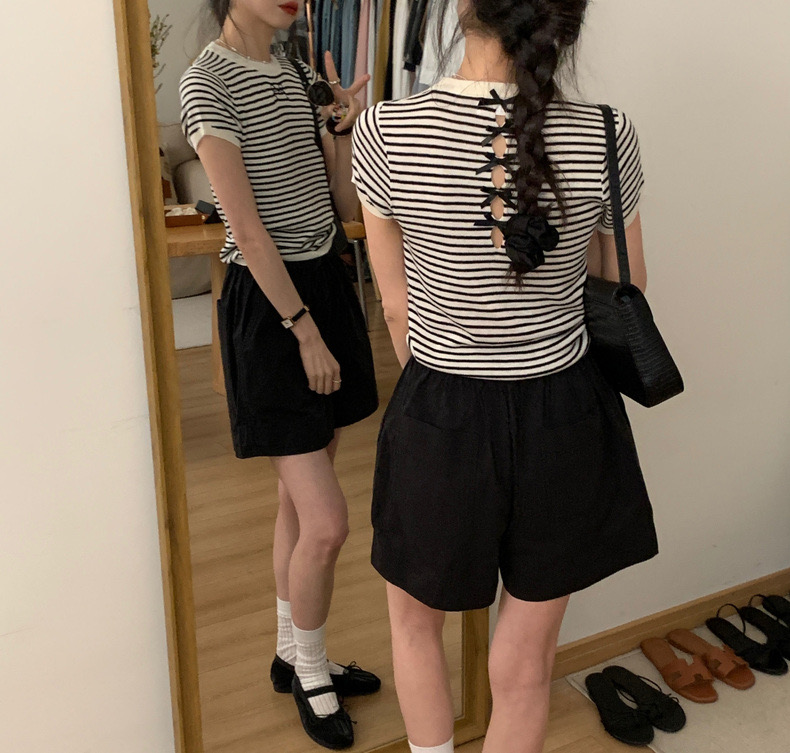 已出貨 韓系蝴蝶結後背綁帶條紋短袖T恤女套頭百搭針織上衣夏季