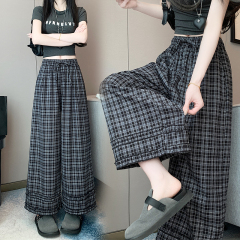 Real shot, elastic waist plaid design, black ear drooping wide-leg pants, versatile slim casual pants