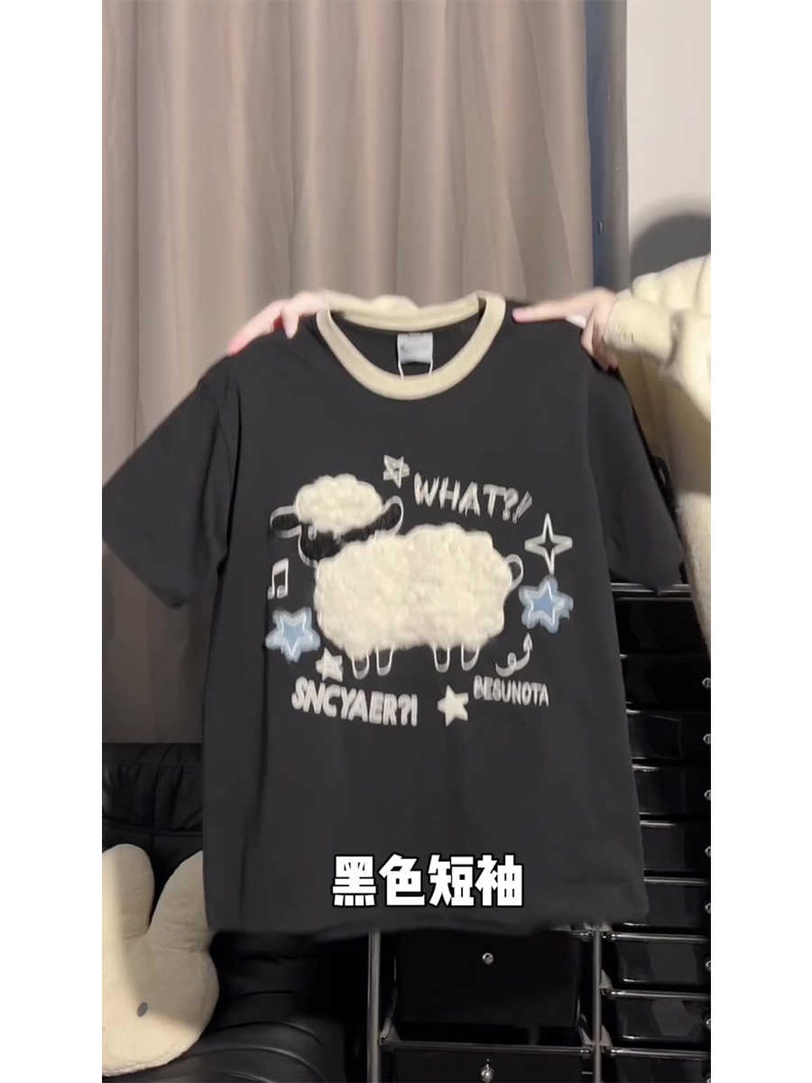 American retro flocking lamb pure cotton short-sleeved T-shirt for women in summer sweet and cool college couple loose tops trendy brand