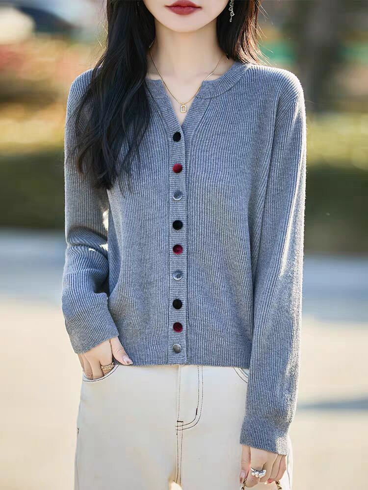 Wool sweater cardigan jacket for women's spring and autumn new round neck casual wool knitted top