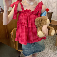 Summer sweetheart, pure and fashionable new lace-up plaid bow sweet versatile suspender top