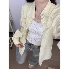 Official photo Original fabric Pocket towel embroidery Autumn yellow striped shirt women's loose casual jacket