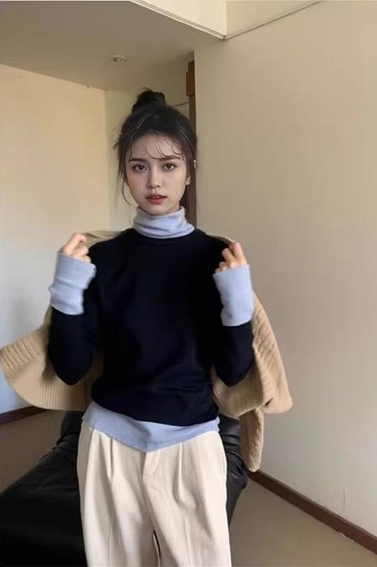 Original workmanship Korean fake two-piece high-end thigh neck bottoming autumn and winter high-end inner layer spliced ​​contrasting color long-sleeved T-shirt