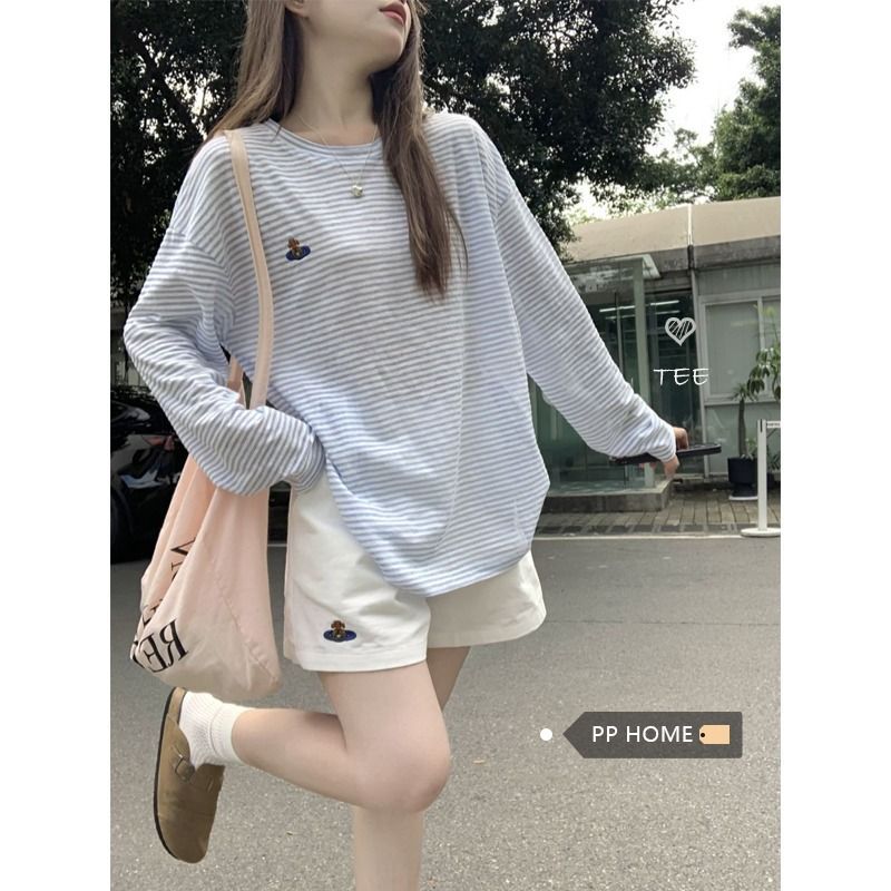 Colored woven stripes 2025 classic versatile stripes long-sleeved T-shirt for women in summer thin sunscreen loose top