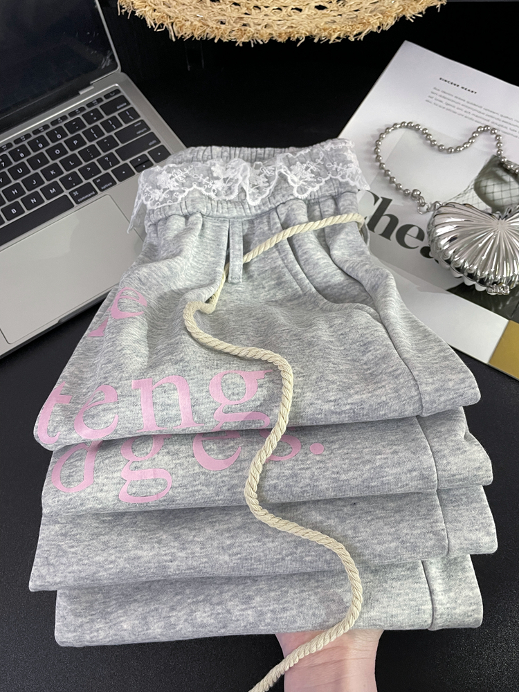 Three-dimensional waist #2025 early spring new style printed lace spliced ​​sports sweatpants for women in autumn and winter new style